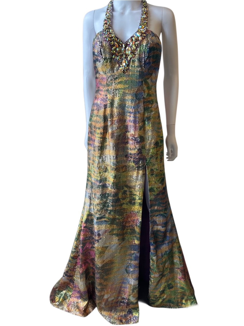 Mori Lee Multicolored Foil Sequin Gown with Embellished Halterneck